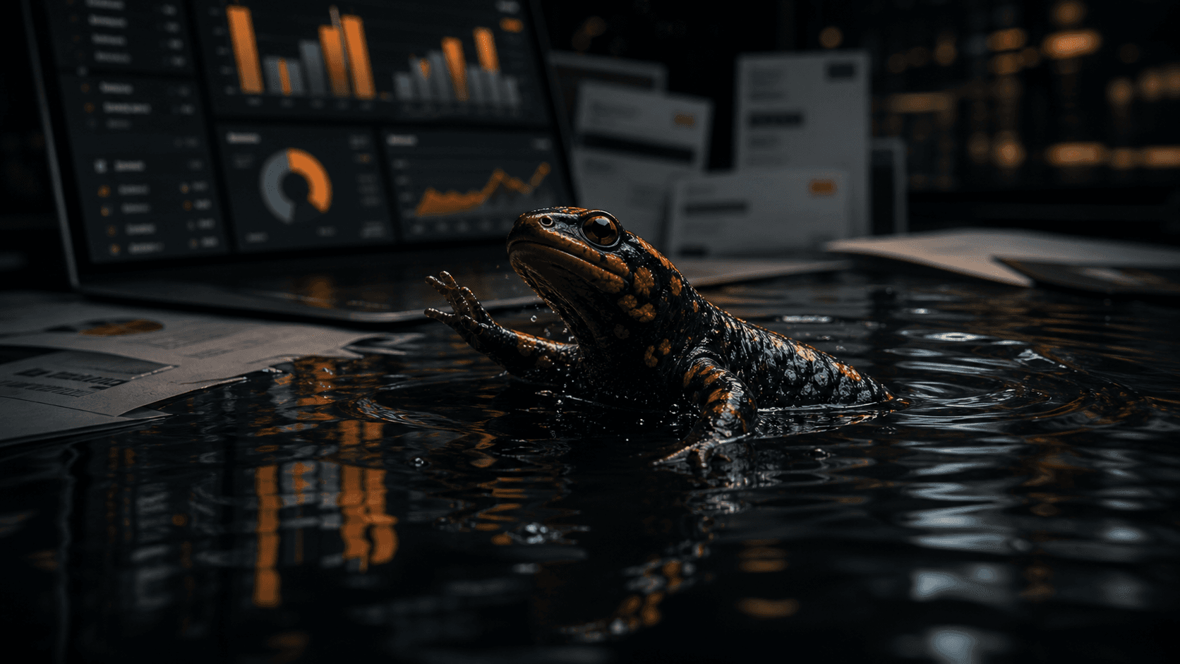Illustration professionnelle d’une salamandre près d’un tableau de bord financier, symbole d’une IA difficile à mesurer